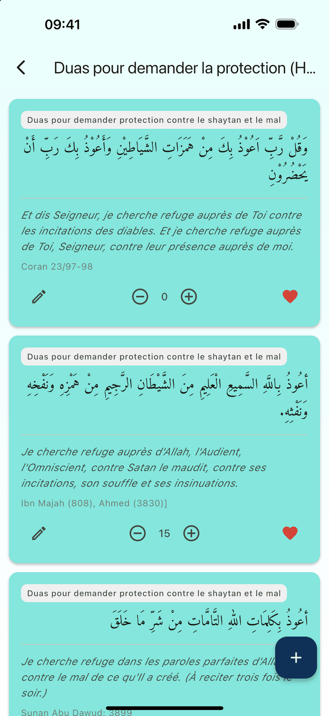 Protection duas: each card shows the Arabic text, the French translation, the source, a counter and a favorite heart