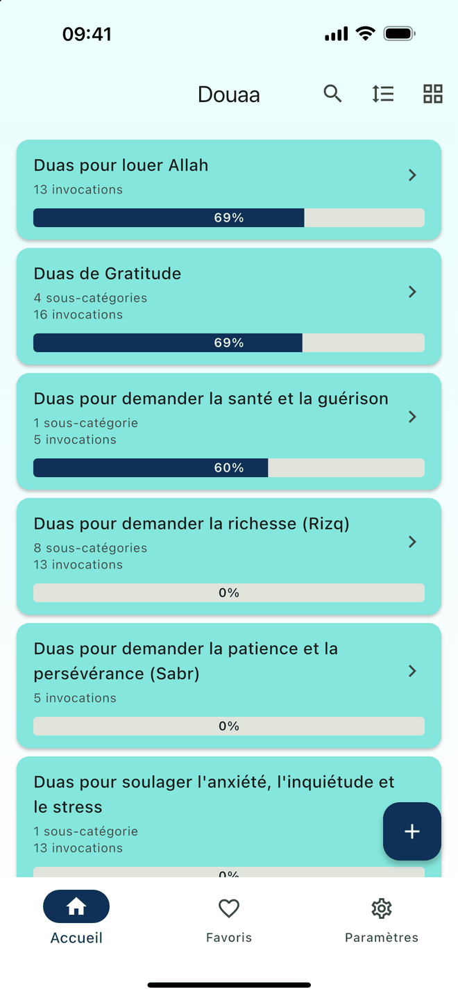 The list view of themes, each with a progress bar showing the share of invocations already recited