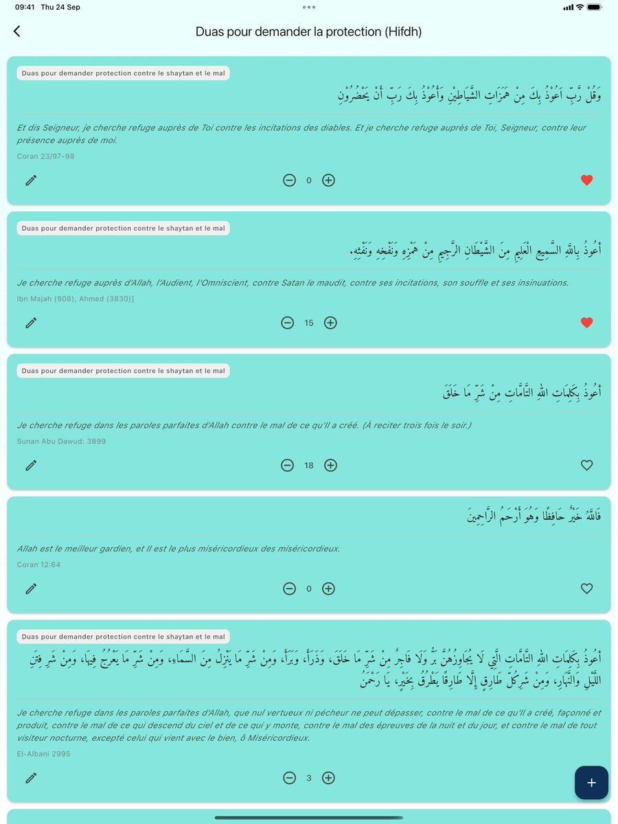 Douaa on a tablet: protection duas shown on wide cards with Arabic text, translation and source